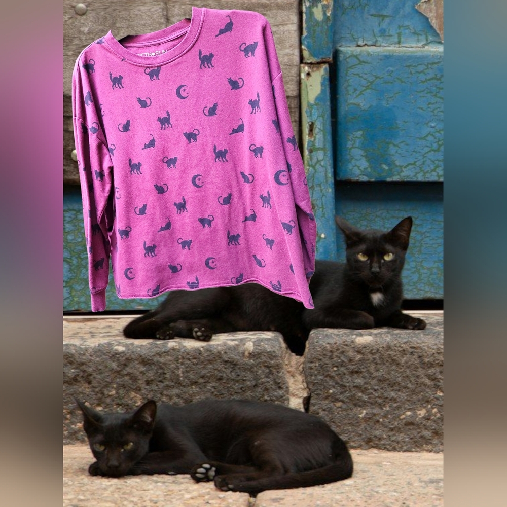 Black Cat and Moon Print Maroon Long Sleeve Shirt